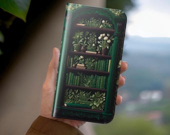 Green Vintage Books Floral Bookcase iPhone Cover Wallet Case 16 15 14 13 12 Pro Max Plus Samsung S25 literary book worm Stand cardholder