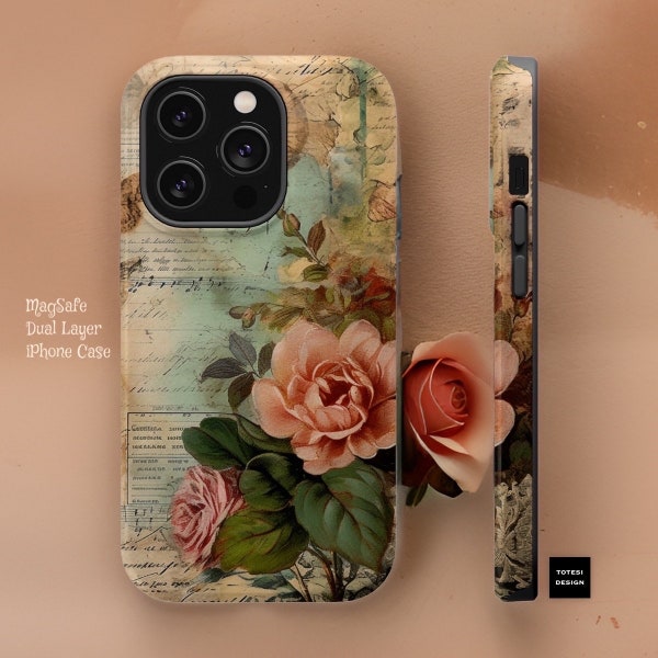 Pretty Parisian Vintage Style Floral MagSafe Compatible iPhone case 13 14 15 Pro Max Plus Mini