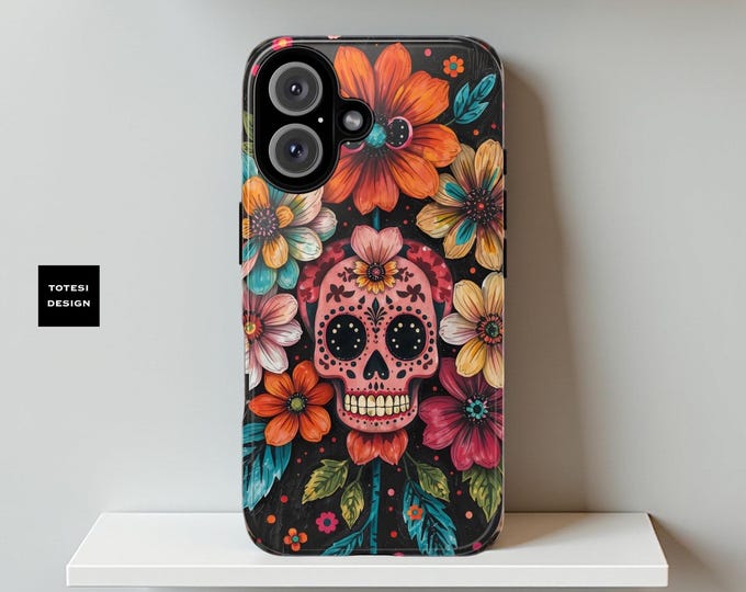 Cute Dark Floral Skull Art Phone Case, Vibrant Floral Protective Cover, Samsung S25 S24 S23, iPhone 16 15 14 13 12 11 pro max birthday gift