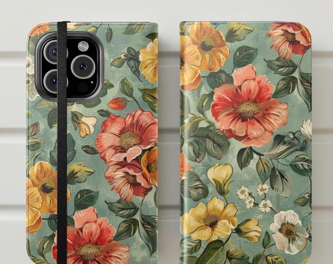 Boho Vintage Floral Flip Cases with Stand and Cardholder, Samsung Galaxy, iPhone Cases, S25 S24 S23, 16 15 14 Birthday Gifts Her, Phone