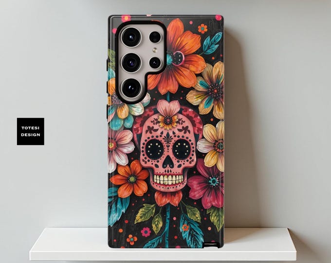 Cute Dark Floral Skull Art Phone Case, Vibrant Floral Protective Cover, Samsung S25 S24 S23, iPhone 16 15 14 13 12 11 pro max birthday gift