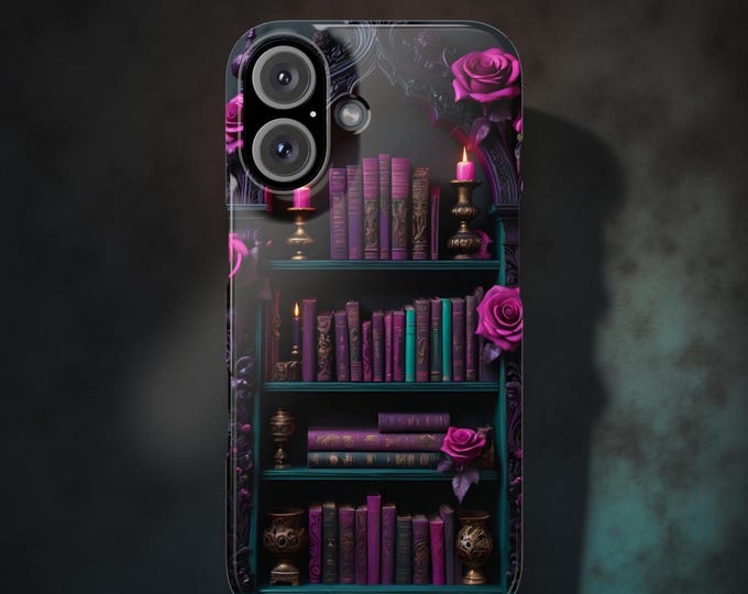 Goth Bookish Slim Phone Case, Literary Bookshelf, Floral Black Pink, Bookworms Gifts Reader 16 15 14 13 12 Pro Plus, iPhone Accessories,
