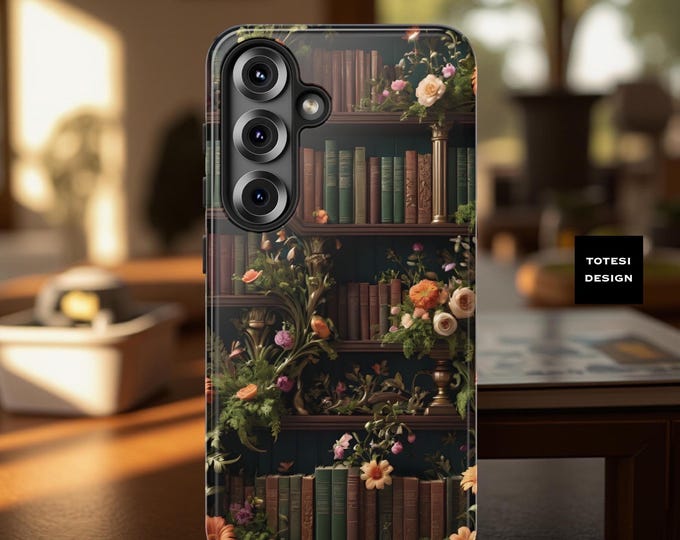 Cute Book Worm bookshelf floral aesthetic Samsung Galaxy S25 S24 S23 S22 S21 Plus Ultra tough case |iPhone 16 15 14 13 12 11 | Google Pixel