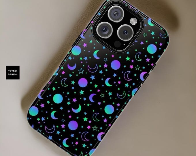 Dark neon, stars, moon, celestial, goth, witchy | Tough Cases | iPhone 16 15 14 13 12 11 S22, S23 S24 S25 Plus, Ultra| Glossy| Matte
