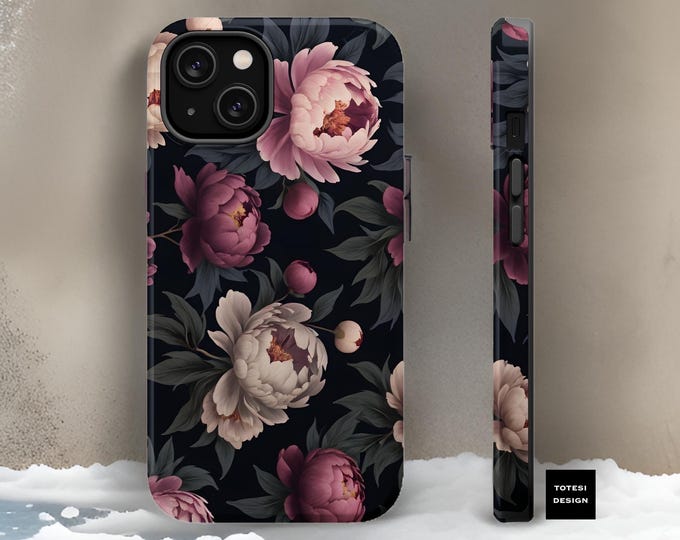 Dark floral cell phone magnetic case Peony Flowers iPhone Case - dual layer tough case Bold Purple Dark Floral 15 14 13 Pro Max Plus Mini