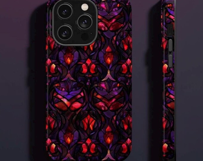 iPhone Tough Case, Stained Glass Gothic Purple Red, Magnetic Cover for iPhone 16 15 14 13 Pro Max Plus