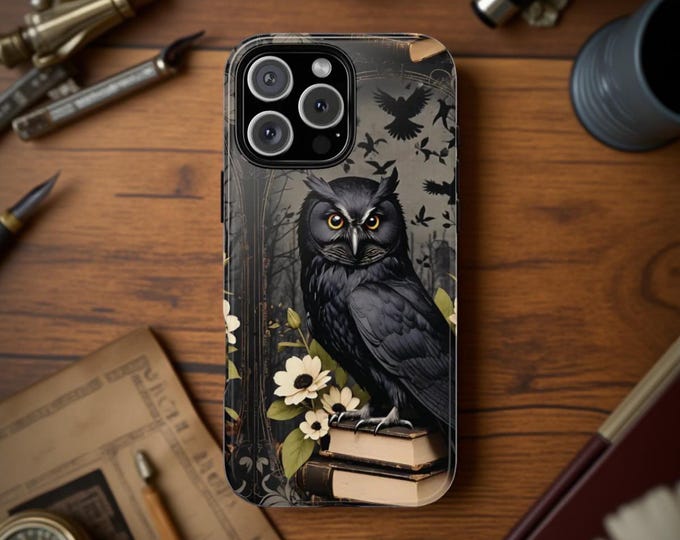 Books Goth Owl dark academia iPhone Samsung Galaxy S25 S24 phone cases S24 S23 S22  16 15 14 13 12 11  | glossy matte | book owl lover gift