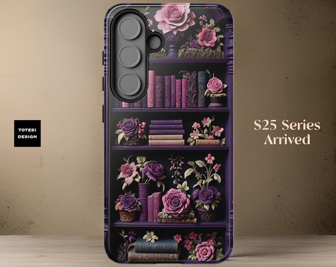 Cute phone case Floral Bookshelf Samsung A25 S24 S23 S22 Plus ultra cover, iPhone 16 15 14 13 12 11 Pro Max, Pro, Plus book worm reader