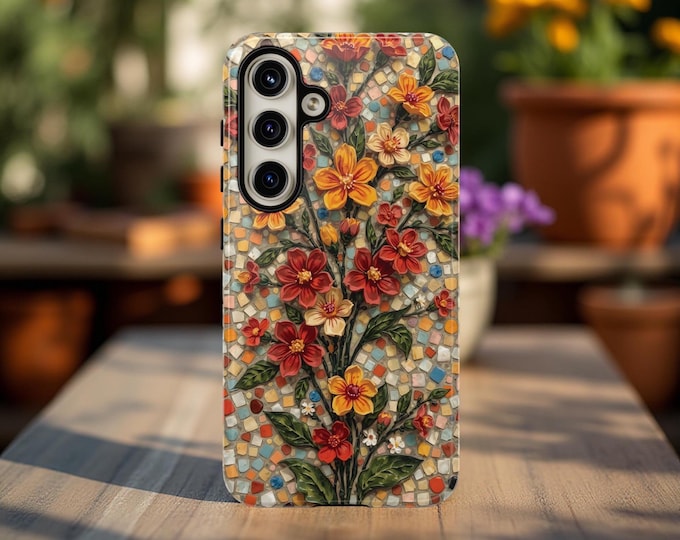 Tough Cases, Mexican Terrazzo Rustic Art Flower Design, Gift for Her, iPhone Samsung, Protective Cover, Unique Pattern, Hard Shell Case,