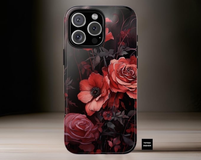 Gothic Red Floral Tough Phone Cases for Samsung Galaxy & iPhone | Academia Victorian Design | S21 S22 S23 S24 S25| iPhone 16 15 14 13 12 |