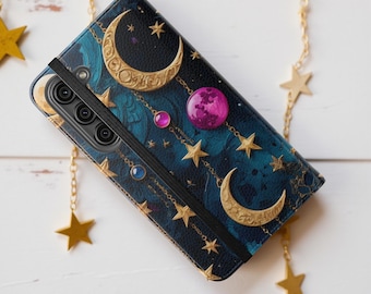 Celestial Moon Night Sky Stars Wallet phone case, cardholder stand, iPhone 16 15 14 13 Pro Max Plus, S25 S24 S23 S22 Plus Ultra