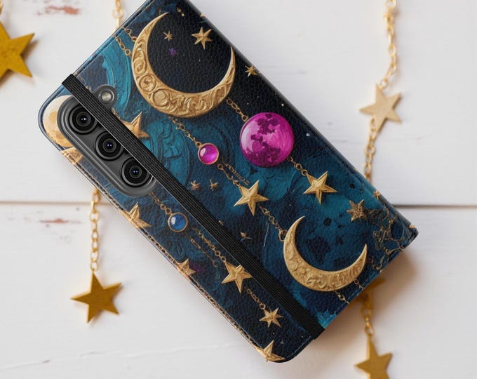 Celestial Moon Night Sky Stars Wallet phone case, cardholder stand, iPhone 16 15 14 13 Pro Max Plus, S25 S24 S23 S22 Plus Ultra