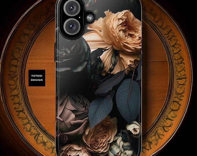 Dark Floral Academia, iPhone Tough Case 11, 12,13,14 15 16 Pro Max Plus Samsung Galaxy| ornamental Victorian Gothic floral,Glossy or Matte