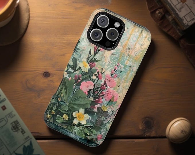 Vintage Grunge Botanical Magnetic iPhone Case, Floral Nature Gift for Mom, iPhone 16 15 14 13 Plus Pro Max, Tough Case