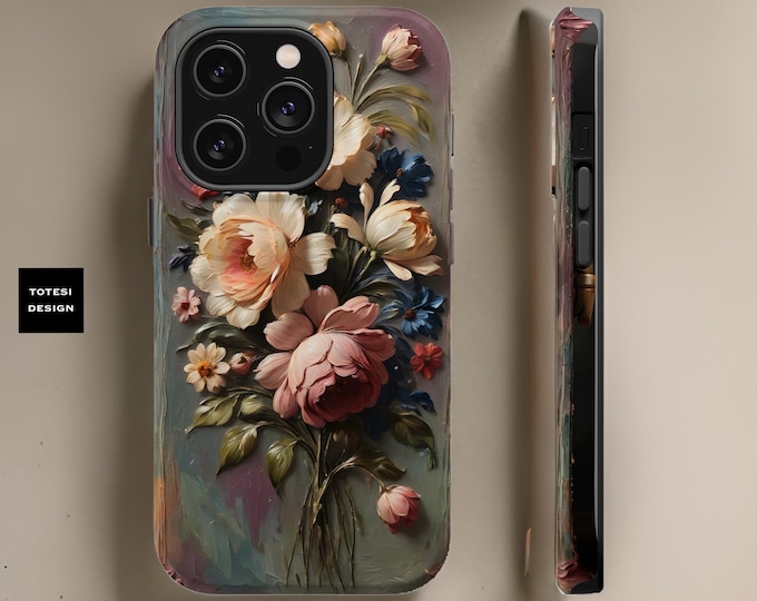 Gray vintage dark floral art MagSafe iPhone tough sturdy case - 13 14 15 16 Pro Max Plus Mini | Glossy Matte | Gift Mom