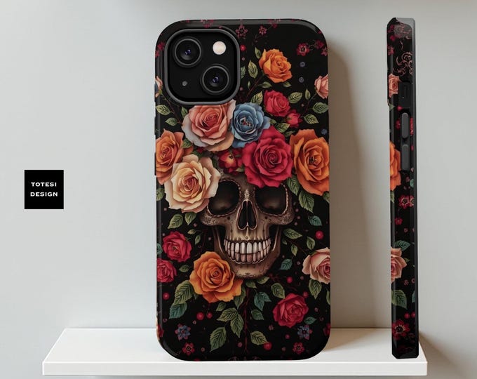 Skulls Roses Art iPhone MagSafe Tough Case, Spring Pink Phone Cover, Whimsy Goth Gift, Glossy Matte 13 14 15 16, Birthday Daughter, Unique