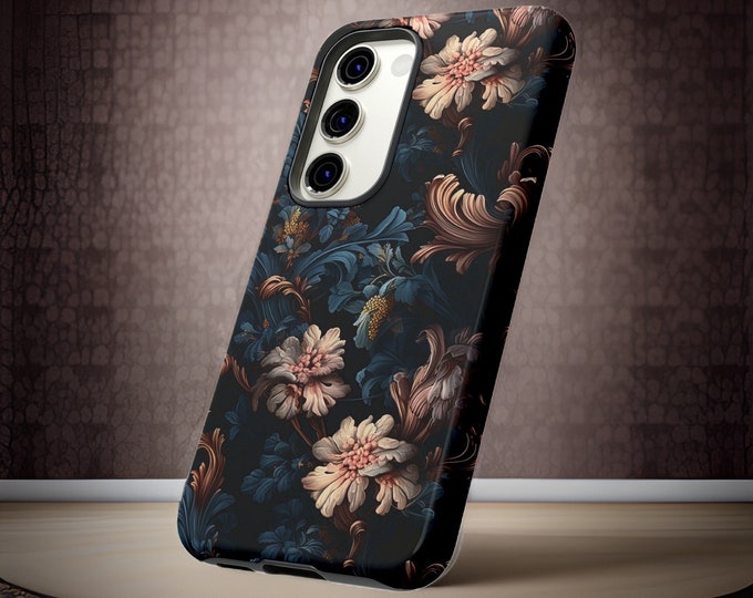 Samsung Galaxy Tough Case S23 S22 S21 Plus Ultra  | Dark black swirl floral foliage mauve/pink flowers | |Glossy or Matte