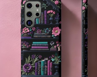 Cute Bookcase Books Floral Bookshelf iPhone tough dual layer phone case 16 15 14 13 12 11 Pro Max Plus, Samsung S25 S24 S23 S22 Plus Ultra