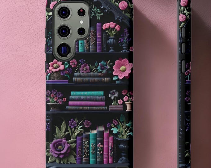 Cute Bookcase Books Floral Bookshelf iPhone tough dual layer phone case 16 15 14 13 12 11 Pro Max Plus, Samsung S25 S24 S23 S22 Plus Ultra