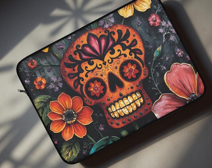 Colorful Floral Skull Laptop Sleeve, Day of the Dead Style, Cute Gift for Students, Unique Tech Accessory, Ideal for Halloween and Birthdays