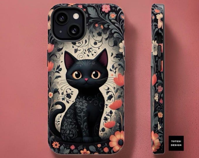 Black Kitty Flowers iPhone Tough Magnetic Case, Glossy or Matte, Pro Max Plus, Goth Gifts, Protective Cover