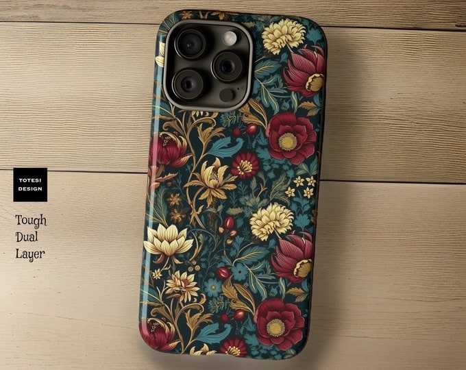 Dark Floral Academia, iPhone tough phone cases 15 14 13 12 Plus, Pro Max, Pro,  ornamental Victorian Gothic floral,Glossy or Matte