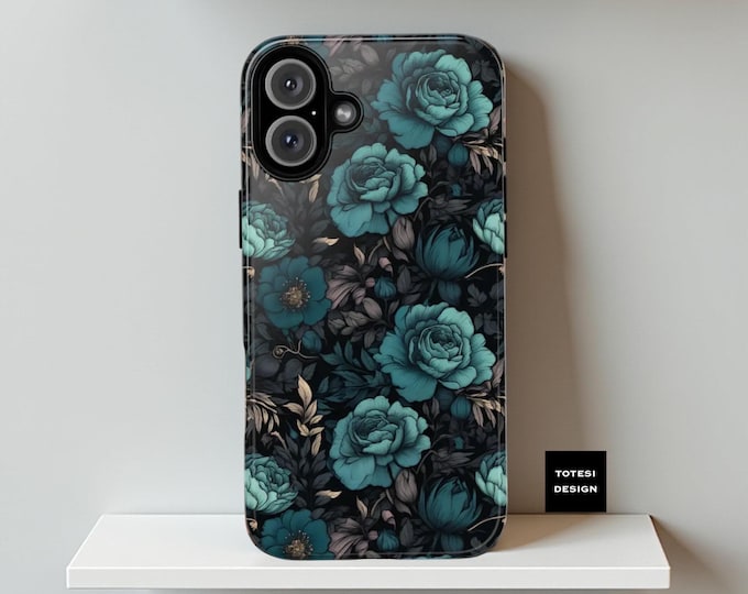 Teal Dark Floral Samsung S24 S23 S22 iphone cases 16 15 14 13 22 23 Plus Ultra Pro Max  roses Victorian Gothic floral|Glossy Matte