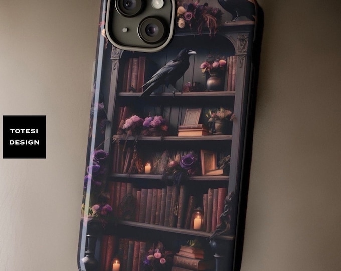 Ravens bookcase Gothic Halloween iPhone  tough cases | dark academia  glossy matte | 15 14 13 12 11 Pro Max Plus Mini | birthday gift