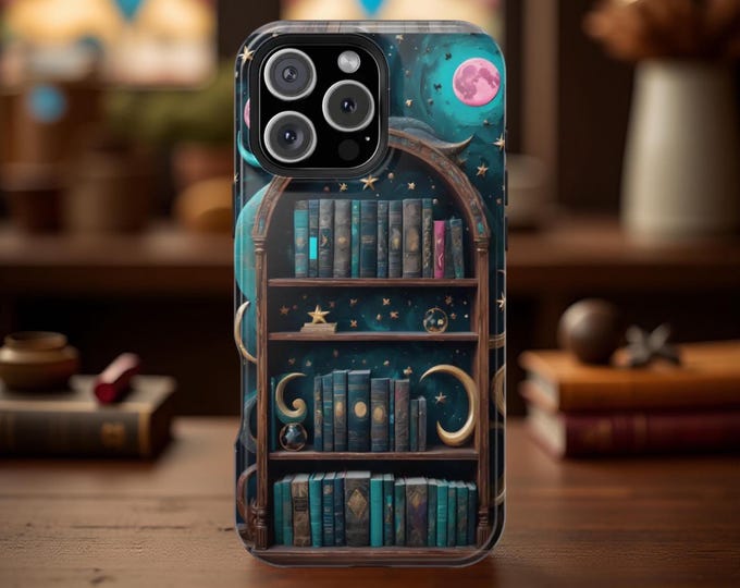 Fantasy Dark Academia Books Bookshelf MagSafe iPhone Tough Case | Dual Layer Protection |  iPhone Models 16 15 14 13 Peo Max Plus, Bookworm
