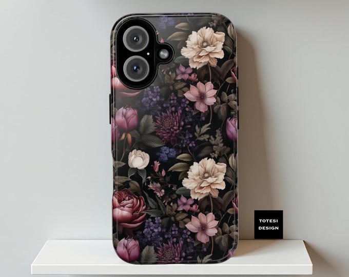 Boho Floral Dark Purple Goth Academia iPhone Tough Case, Samsung Galaxy S24 S23 S22 Plus Ultra Glossy Matte | Trendy Phone Cover, Unique