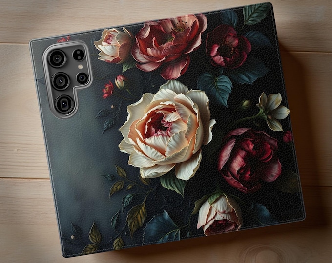 Gothic Floral Wallet Phone Case: Faux Leather Night Garden