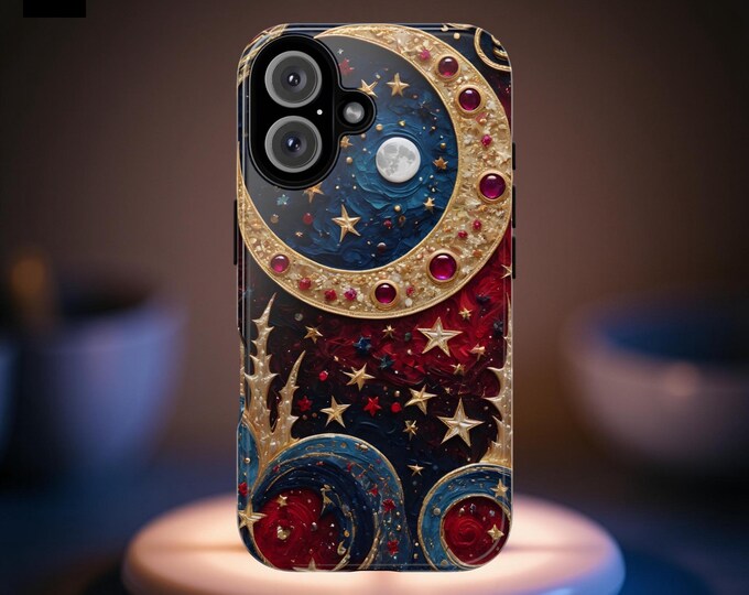 Moon crescent stars Artsy Tough Phone Case, Starry Night Celestial Eid Whimsy Bling Design for Samsung Galaxy & iPhone