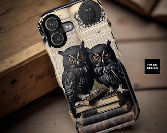 Gothic black owls books MagSafe iPhone tough sturdy case - 13 14 15 16 Pro Max Plus Mini | Glossy Matte | Gift Daughter