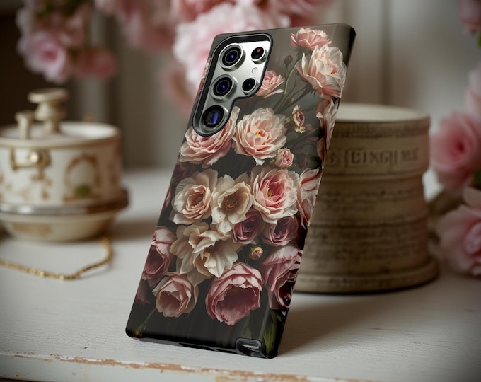 Cell phone case pink flowers black iPhone Tough Case 11, 12,13,14 15 16 Pro Max Plus Samsung Galaxy S25 S24 S23 S22| Gothic Glossy or Matte