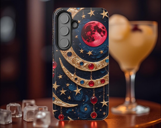 Red Moon Celestial Bling Art Tough Phone Case, Samsung Galaxy S25 S24 S23 S22| iPhone 16 15 14 13 12 11 Pro Max plus,