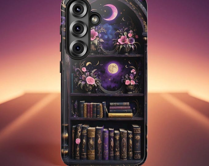 Gothic Samsung  phone cases magical bookshelf, Book lover fantasy, iPhone Google Pixel, celestial Matte or Glossy, Gift for Teen Daughter