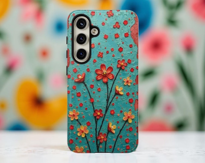 Phone Case, Turquoise Floral Boho Chic Art Abstract Design, Samsung Galaxy S25 S24 S23 iPhone 16 15 14 13, Tough Case Cover, Protective