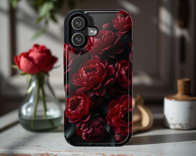 MagSafe Magnetic iPhone 17 16 Tough Case Dark Red Peony Floral Protective Cover