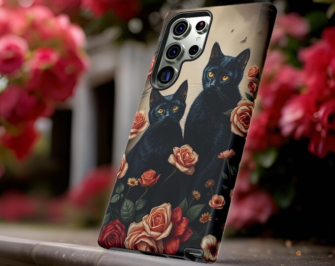 Vintage Black Cat Floral Tough Phone Case, Dark Academia iPhone Case, Retro Floral Samsung Galaxy Case, Gothic Cat Lover Phone Cover, Edgy