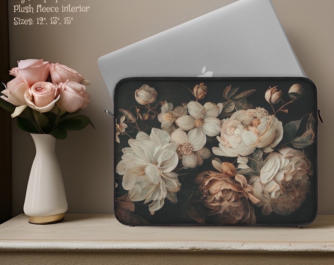Dark Floral Academia Chic aesthetic light laptop sleeve with zip padding and plush fleece interior | Sizes 12 13 15 inch | print is one side