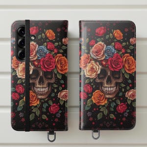 Funda gótica para teléfono, fundas con tapa, modelos de iPhone y Samsung, regalo de Dark Academia, soporte con calaveras y rosas, espacio para tarjetas, accesorios para amantes del gótico, Dark