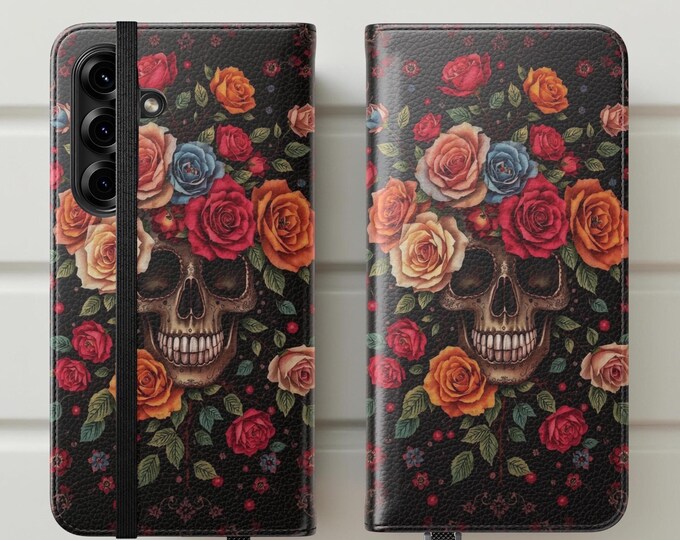 Gothic Phone Case, Flip Cases, iPhone Samsung Models, Dark Academia Gift, Skulls Roses Stand, Room for Cards, Goth Lovers Accessories, Dark