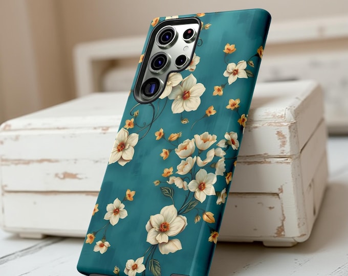 Teal Blue Floral Pattern Phone Case Her | Tough Case Dual Layer