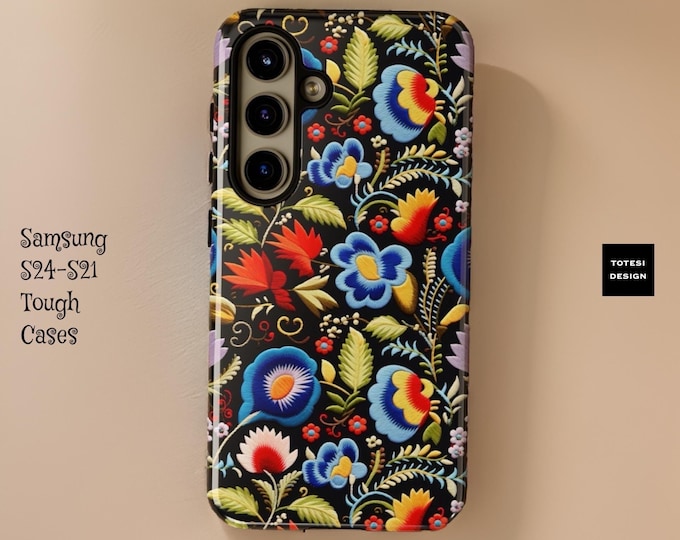 Cute folk art floral dark bohemian embroidery pattern | Samsung tough case S24, S23, S22, S21 Plus Ultra | Glossy or Matte