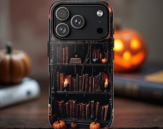Gothic Library Bookshelf Phone Case: Spooky Halloween Tough Cover