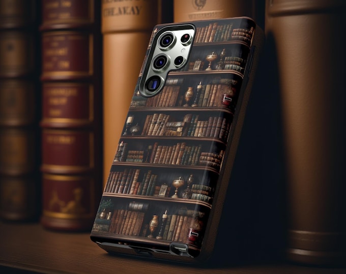 Vintage Bookshelf Aesthetic Tough Case, iPhone Samsung Dual Layer Glossy Matte, Book Lover Gift Phone Cover, Protective Tech Accessory,