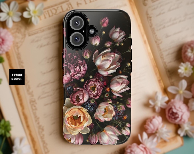 Dark Floral Academia, iPhone Tough Case 11, 12,13,14 15 16 Pro Max Plus Samsung Galaxy| ornamental Victorian Gothic floral,Glossy or Matte