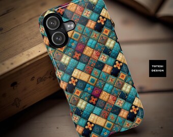 Patchwork Quilt iPhone Case, Boho MagSafe Compatible, Dual Layer