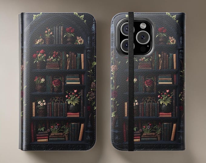 Gothic Bookcase iPhone Cover Case 11, 12,13,14 15 16 Pro Max Plus Samsung Galaxy| literary book worm lover bookish Stand cardholder