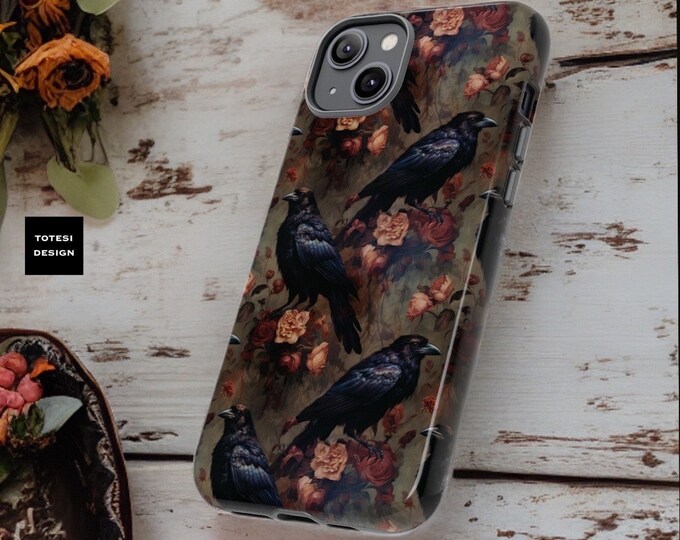 Gothic Raven Birds Dark Floral Academia | iPhone Tough Case 15 14 13 12 11 Pro Max Plus Mini| ornamental Victorian Gothic | Glossy or Matte